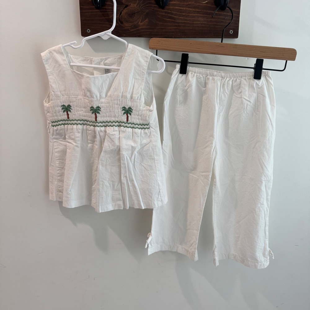 Fantaisie Kids White Cotton‎ Smocked Palm Tree Top and Pants Set Girls Size 6